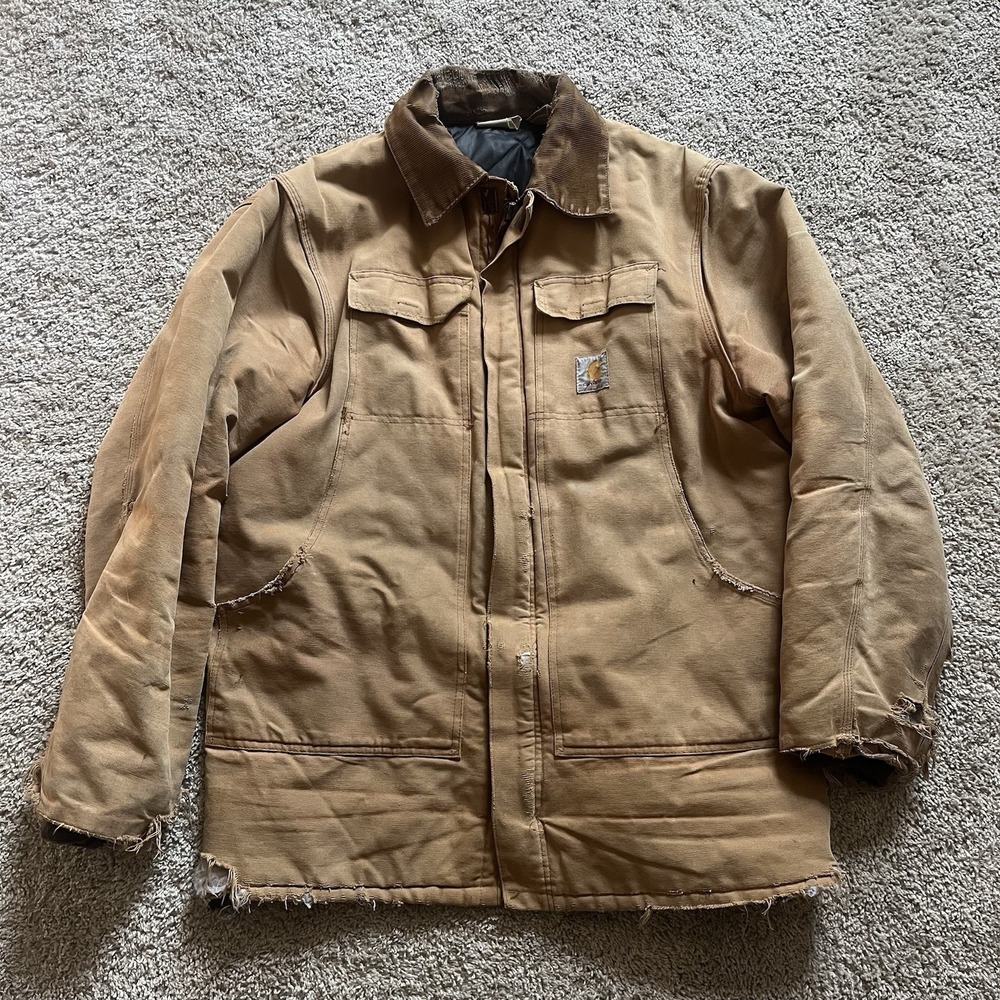 VTG Carhartt‎ Mens Heavy Khaki Canvas Barn Coat Mens XL USA Made Distressed
